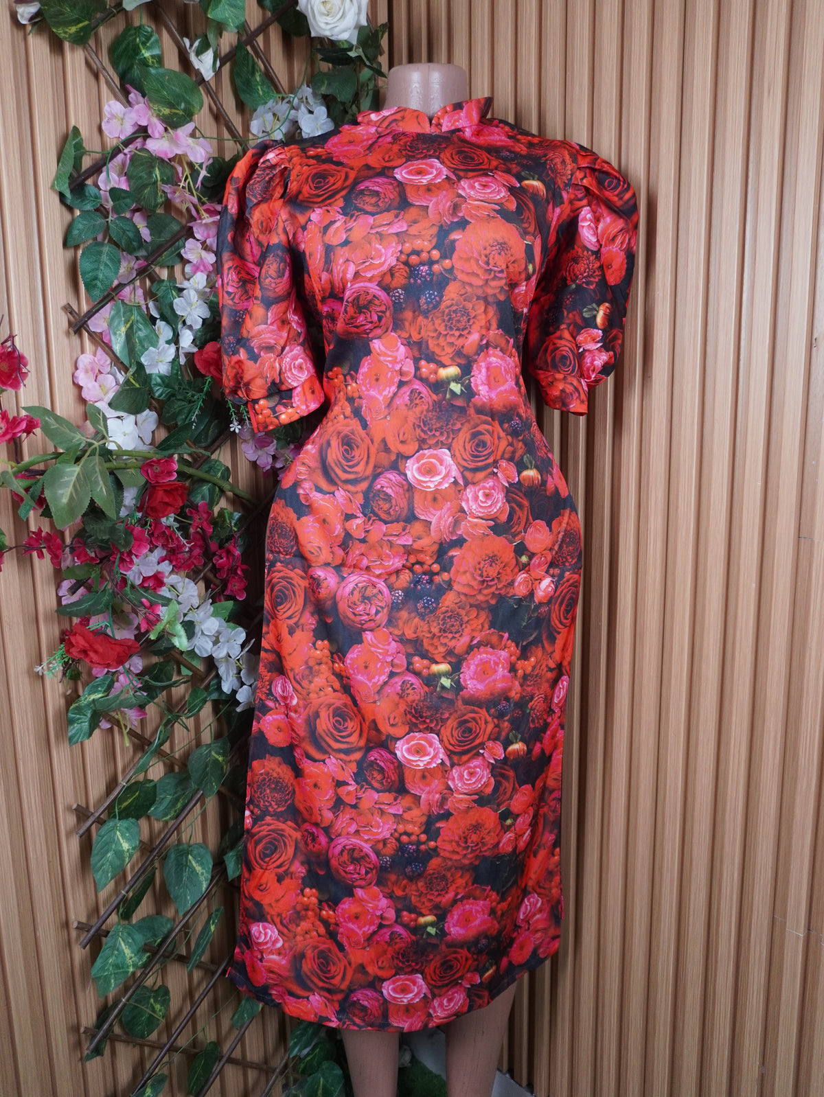 Robe évasée longue manches courtes imprimée fleurie-M