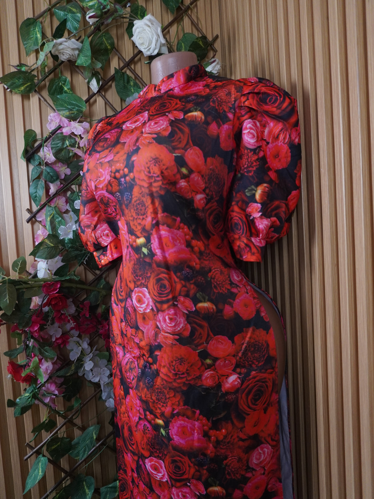 Robe évasée longue manches courtes imprimée fleurie-M