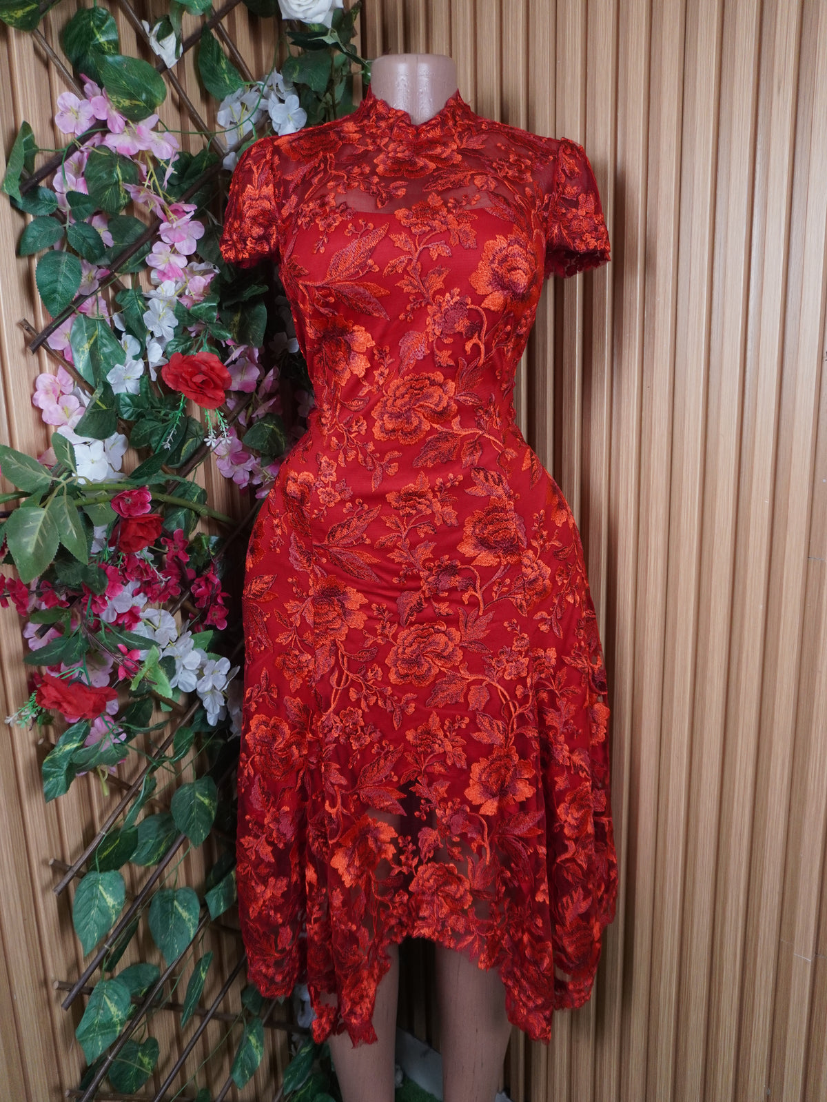 Robe évasée mi-longue manches courtes col mao-S