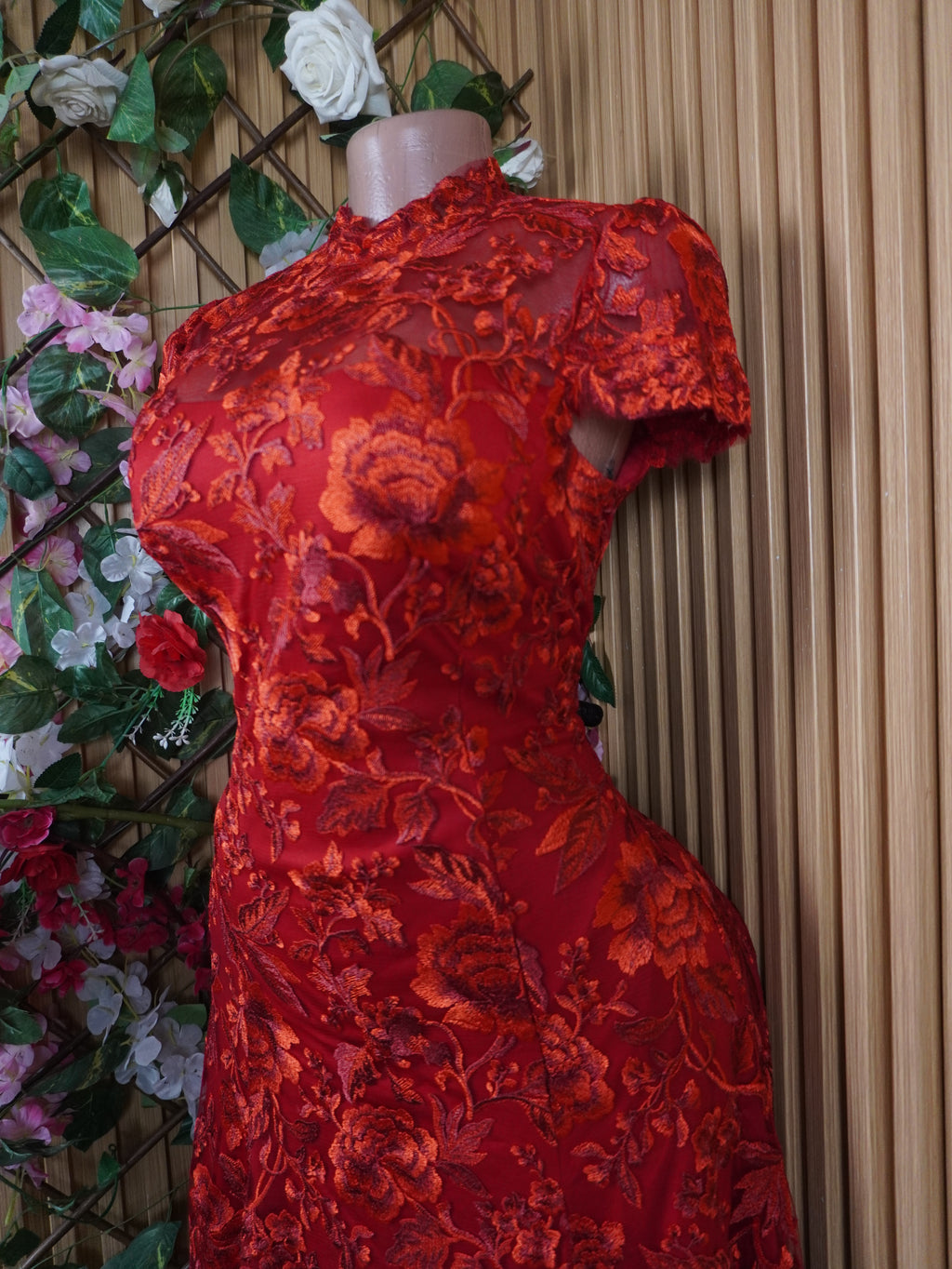 Robe évasée mi-longue manches courtes col mao-S