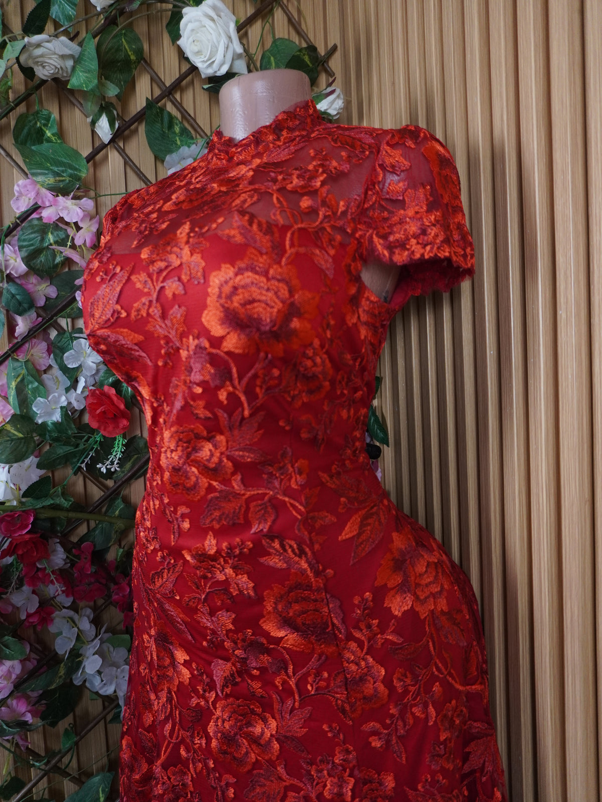Robe évasée mi-longue manches courtes col mao-S