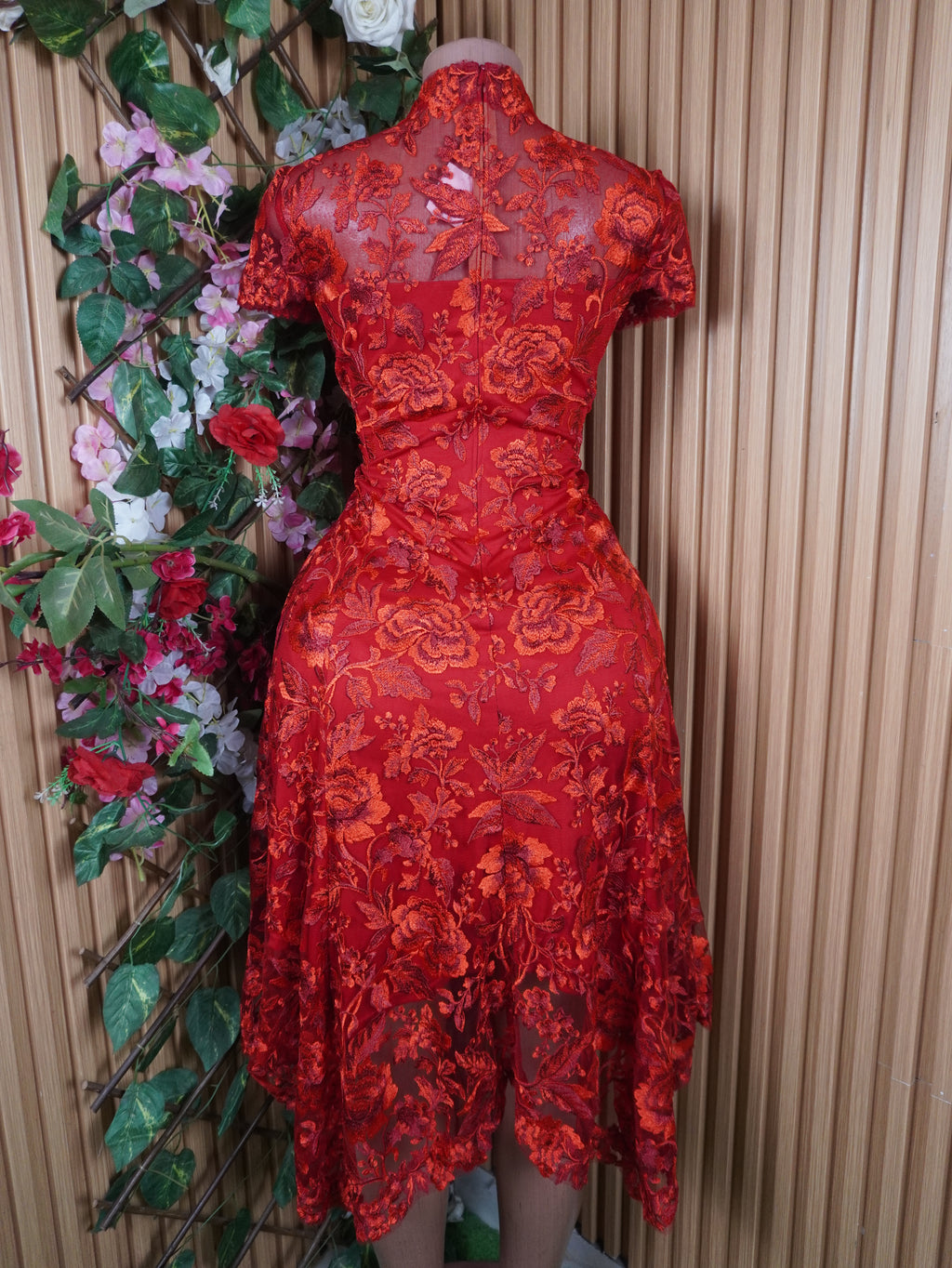 Robe évasée mi-longue manches courtes col mao-S