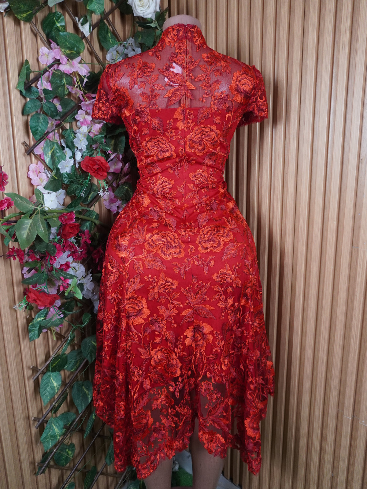 Robe évasée mi-longue manches courtes col mao-S