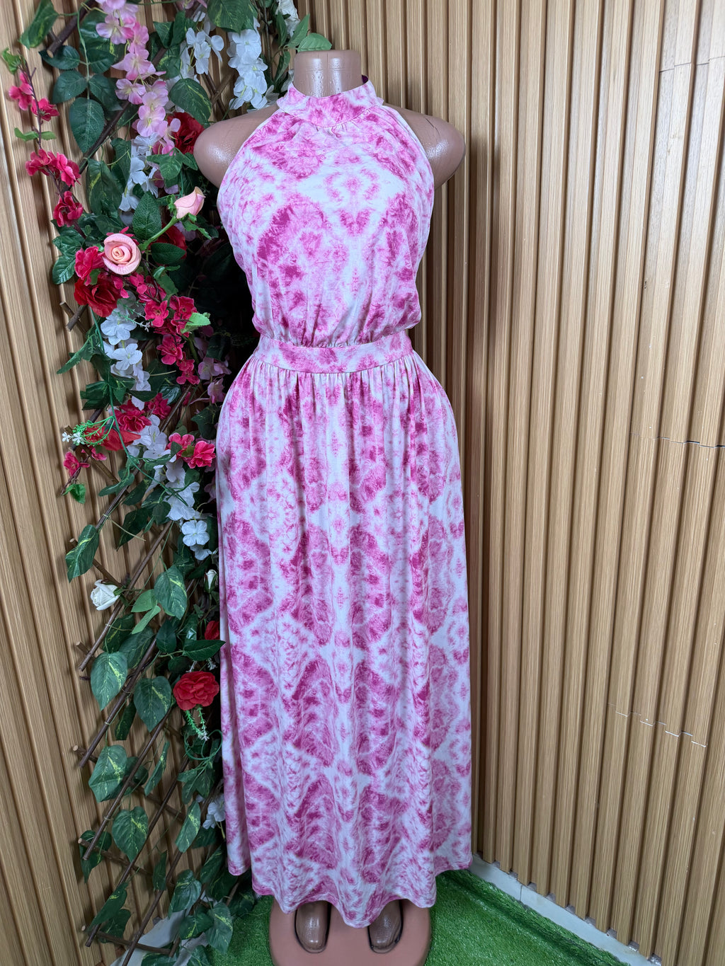 Robe évasée longue sans manches imprimée fleurie-L