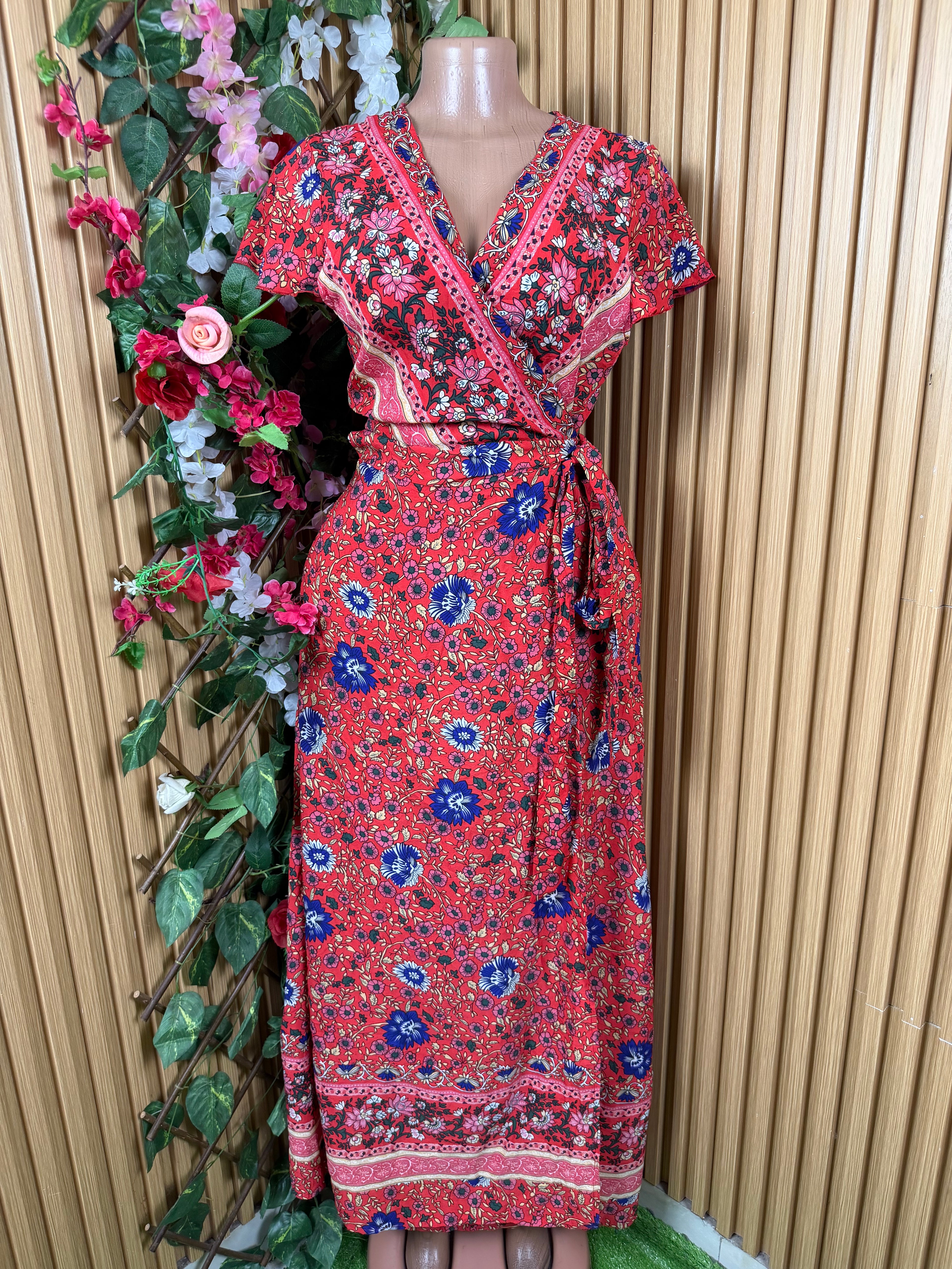 Robe évasée longue manches courtes décolletée-S