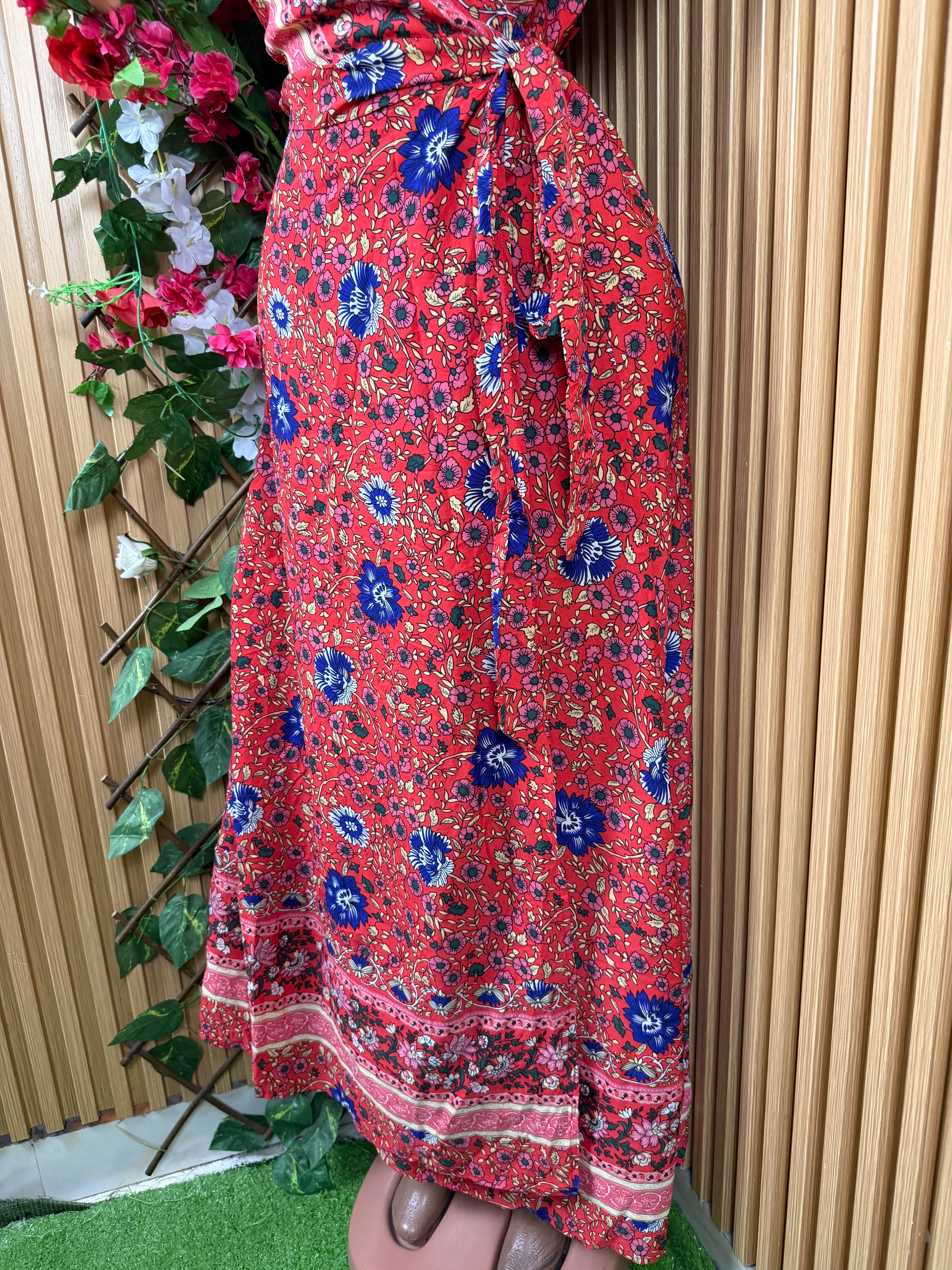 Robe évasée longue manches courtes décolletée-S