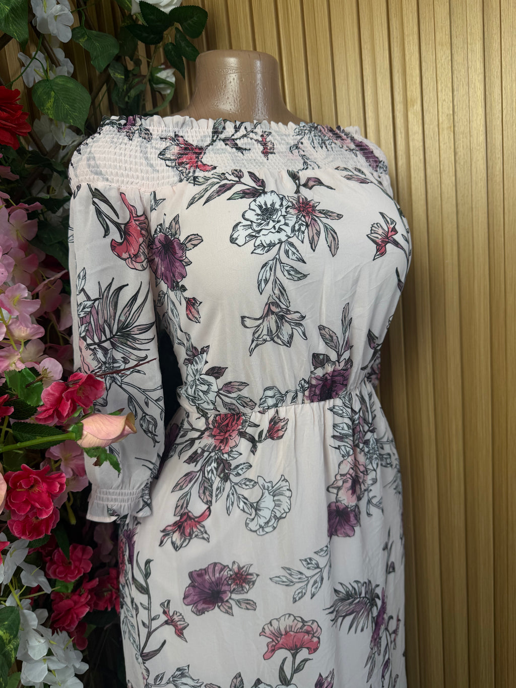 Robe droite manches 3/4 imprimée fleurie - Perluna Store
