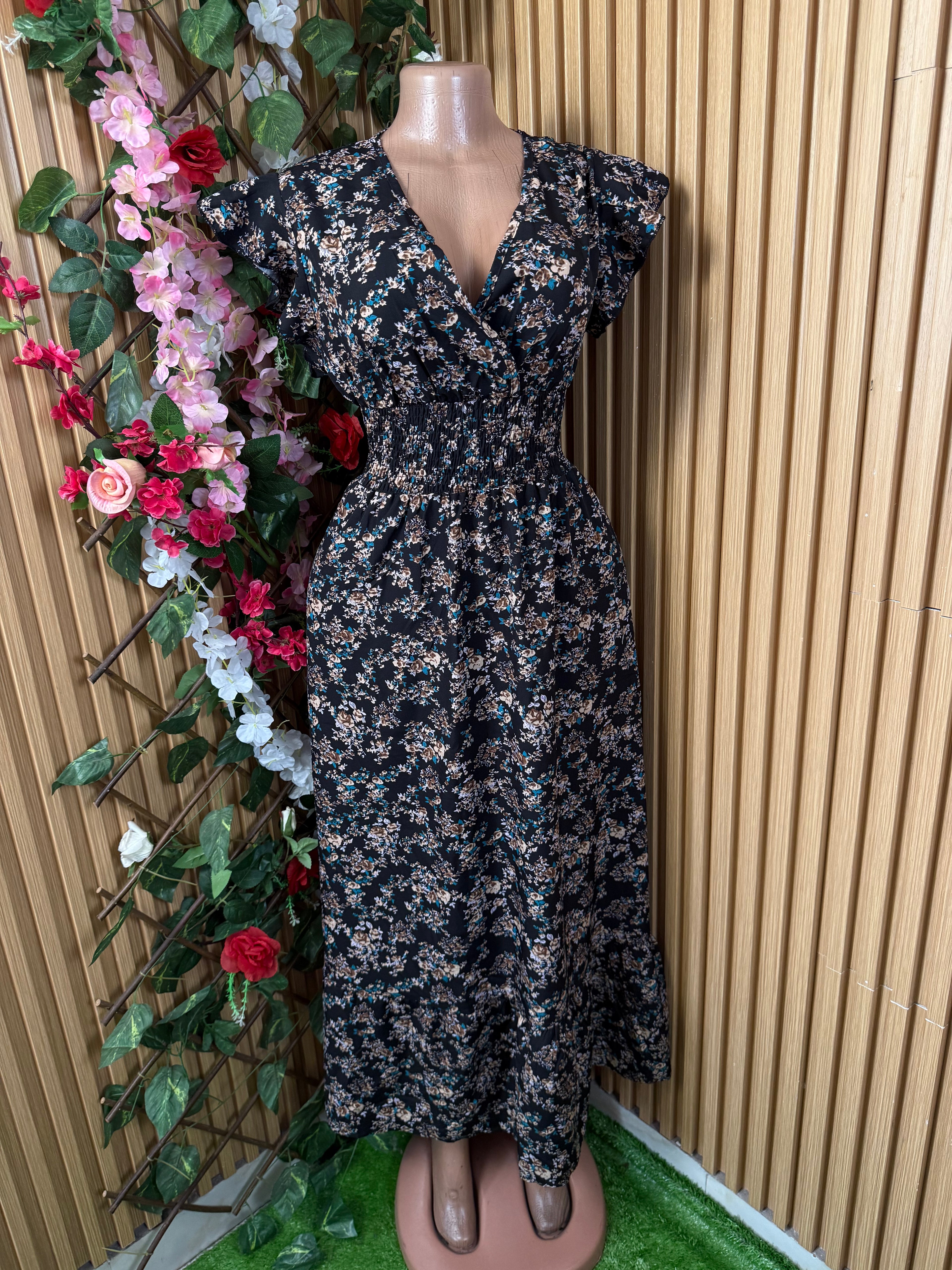 Robe évasé sans manches imprimée fleurie décolletée - Perluna Store