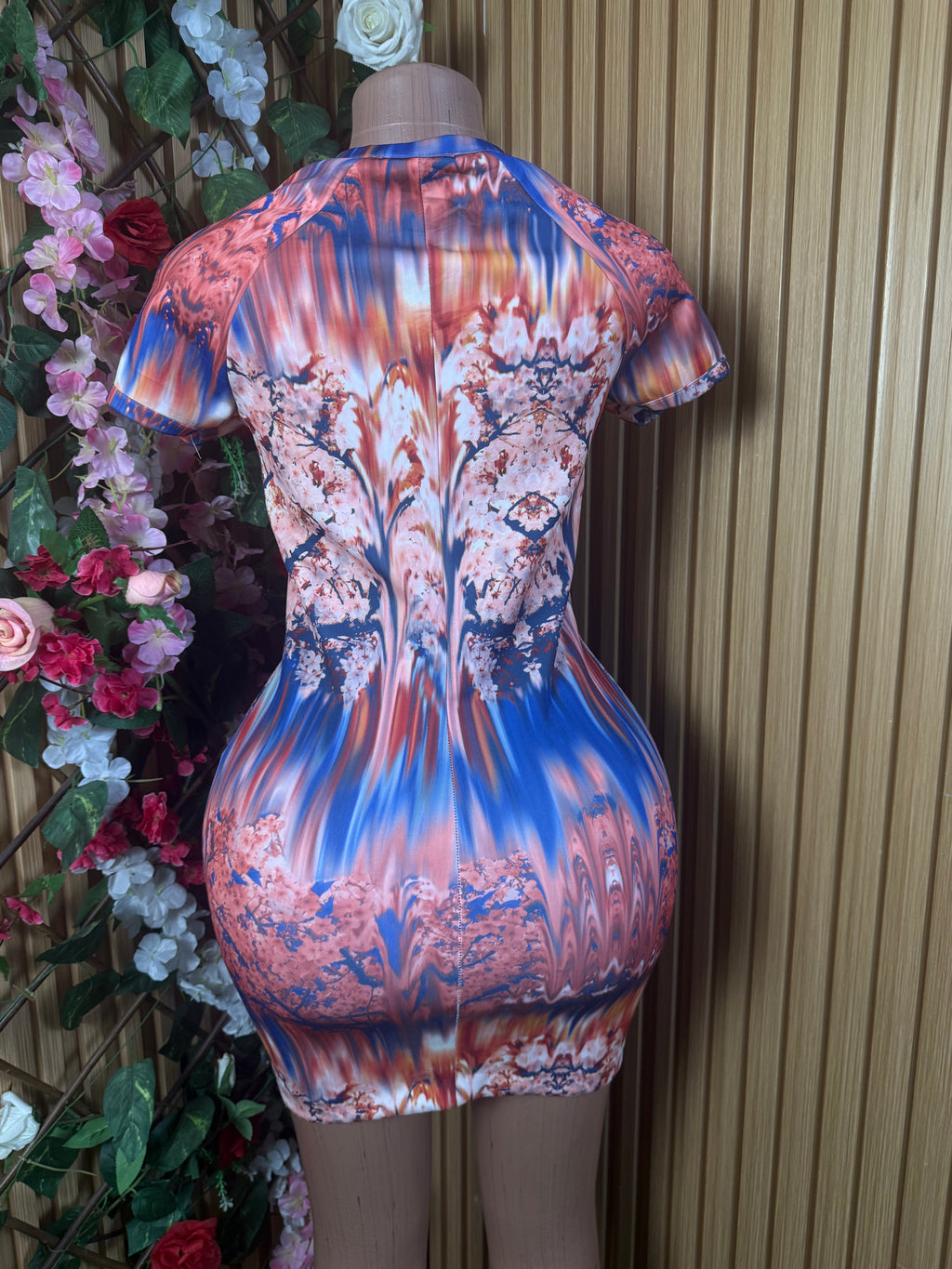 Robe moulante slim manches courtes imprimée fleurie - Perluna Store