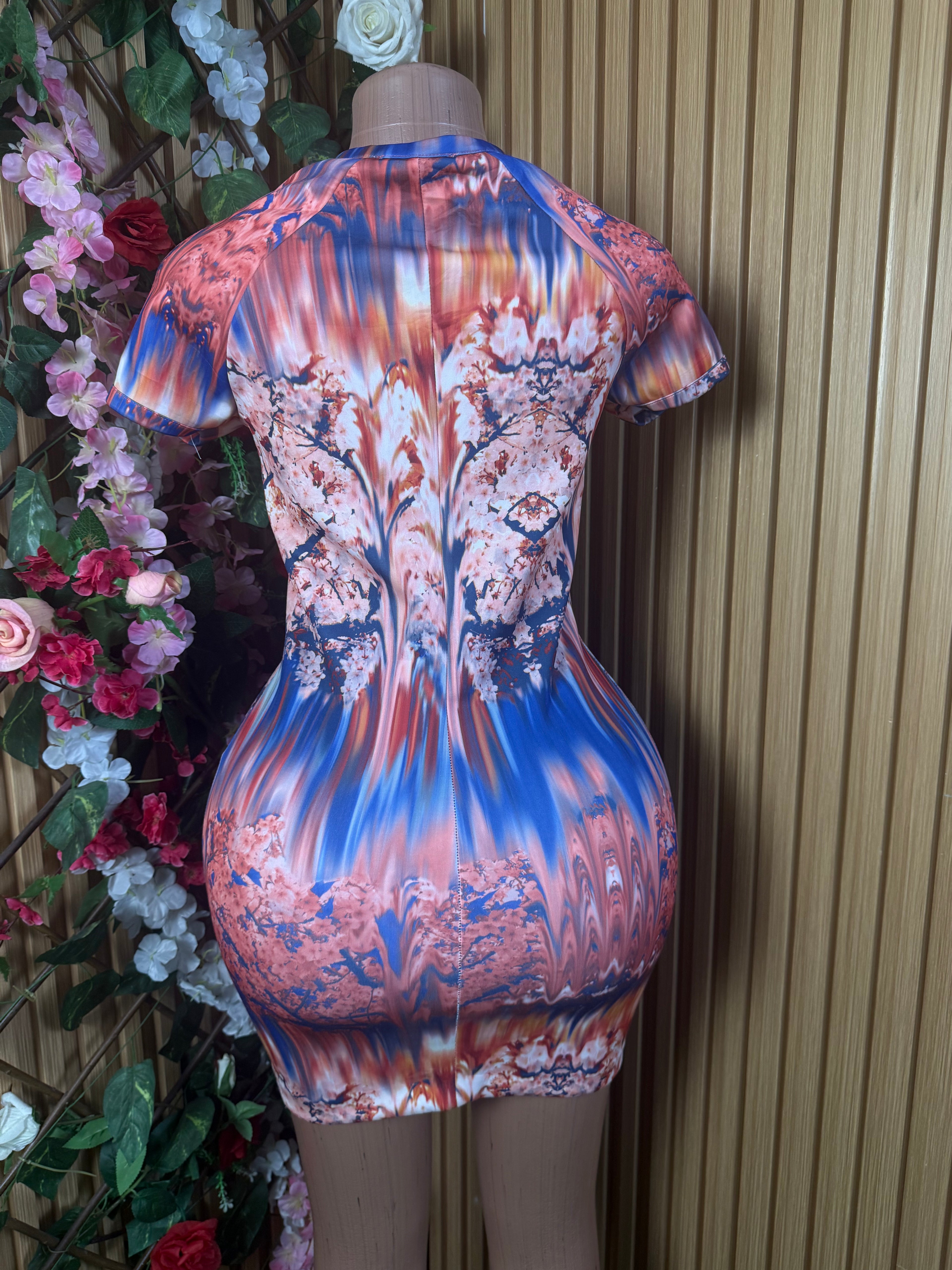 Robe moulante slim manches courtes imprimée fleurie - Perluna Store