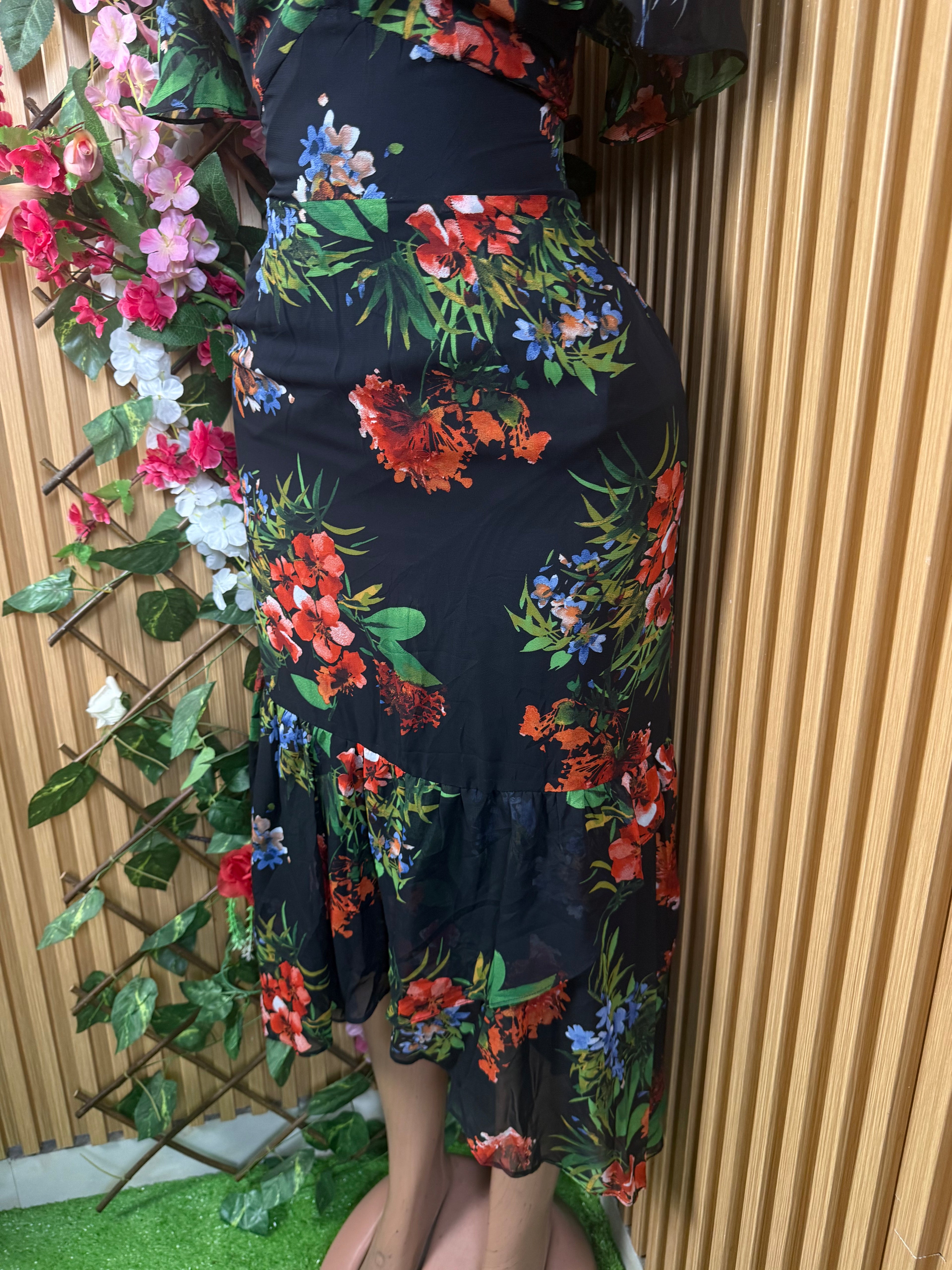 Robe évasée longue manches courtes col V - Perluna Store