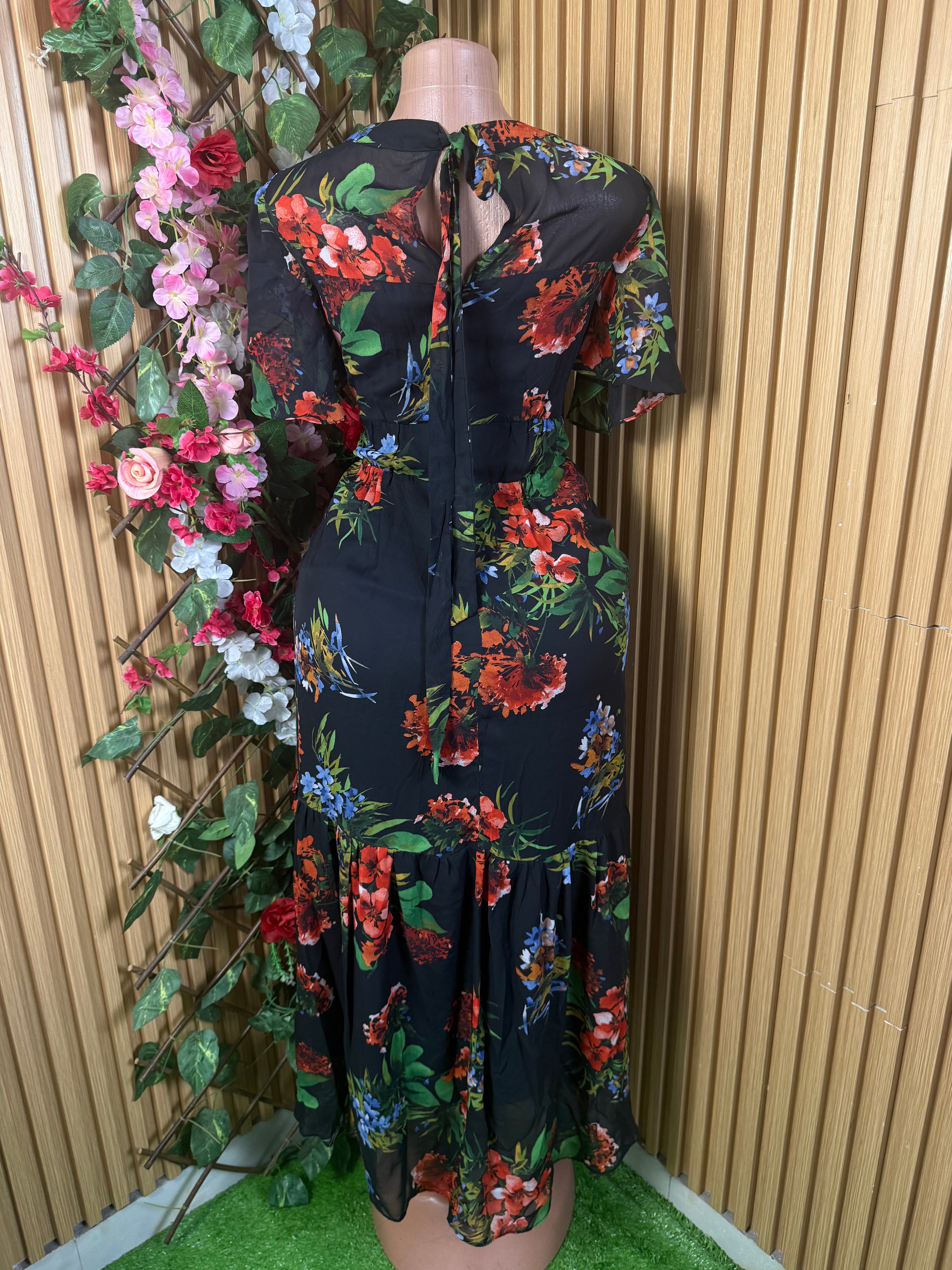 Robe évasée longue manches courtes col V - Perluna Store