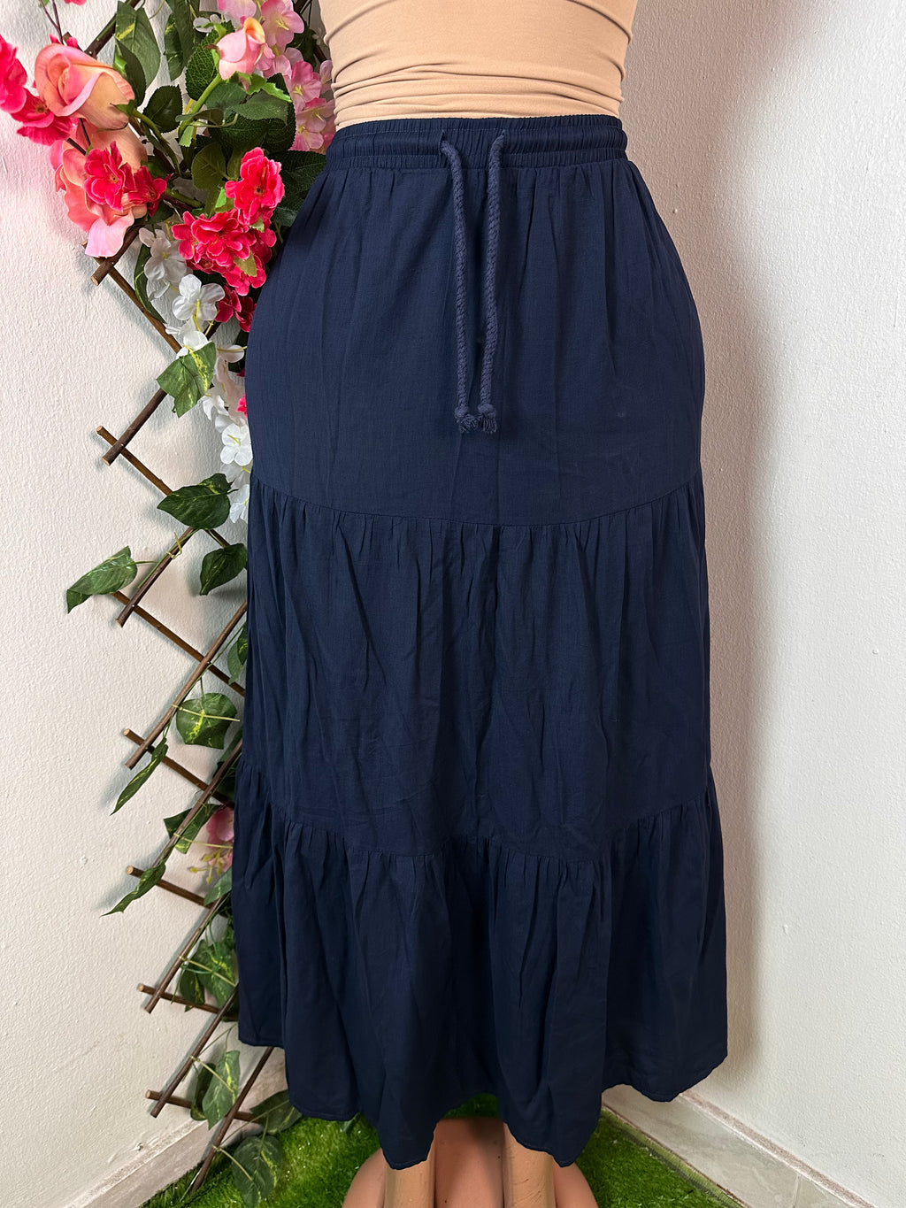 Jupe longue à volants, bleu marine