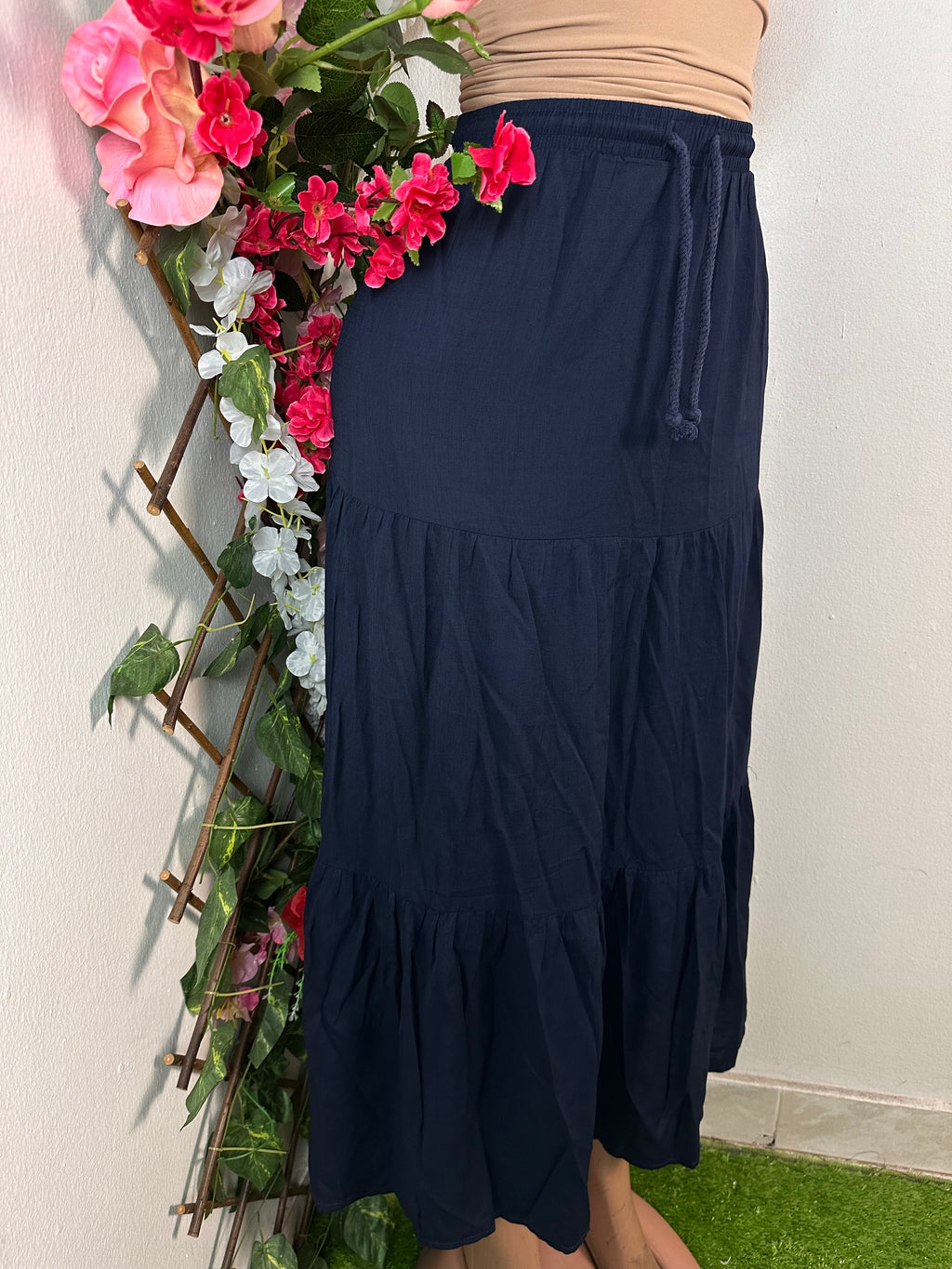 Jupe longue à volants, bleu marine