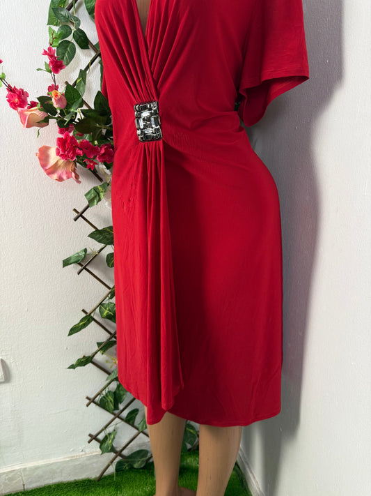 Robe croisée mi longue élégante manche courte colle en v drape