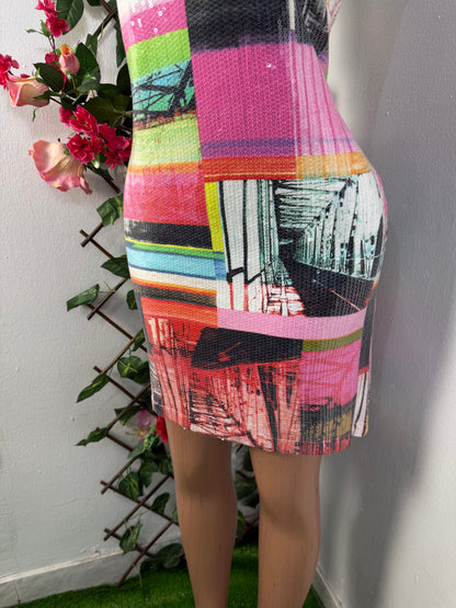 Robe en paillette courte sans manche colle rond