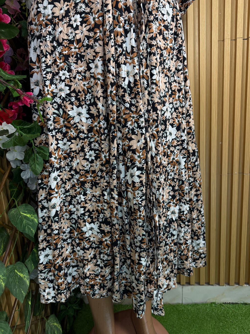 Robe évasée longue manches 3/4 imprimée fleurie décolletée-2XL