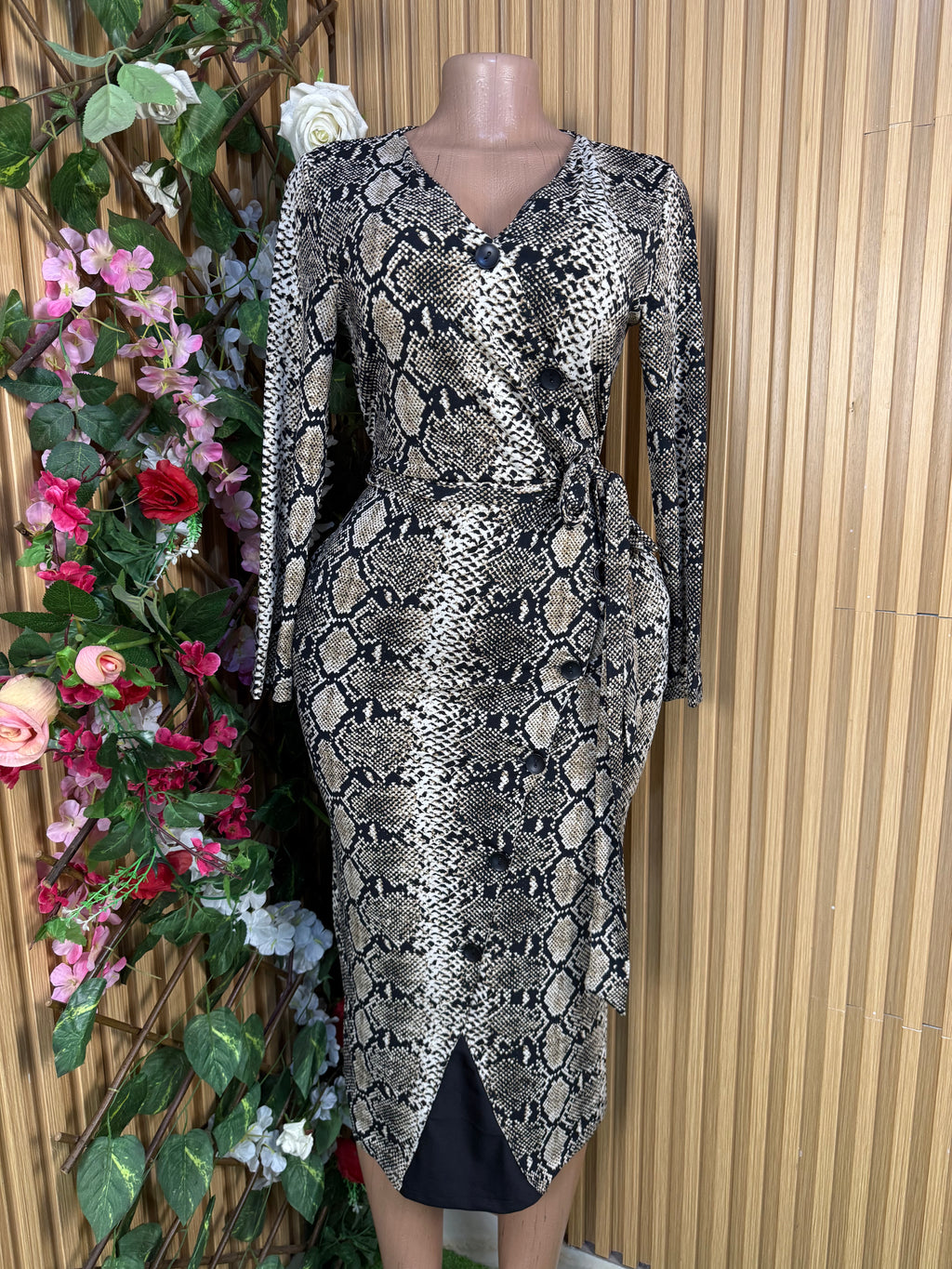 Robe moulante mi-longue manches longues motif python-S