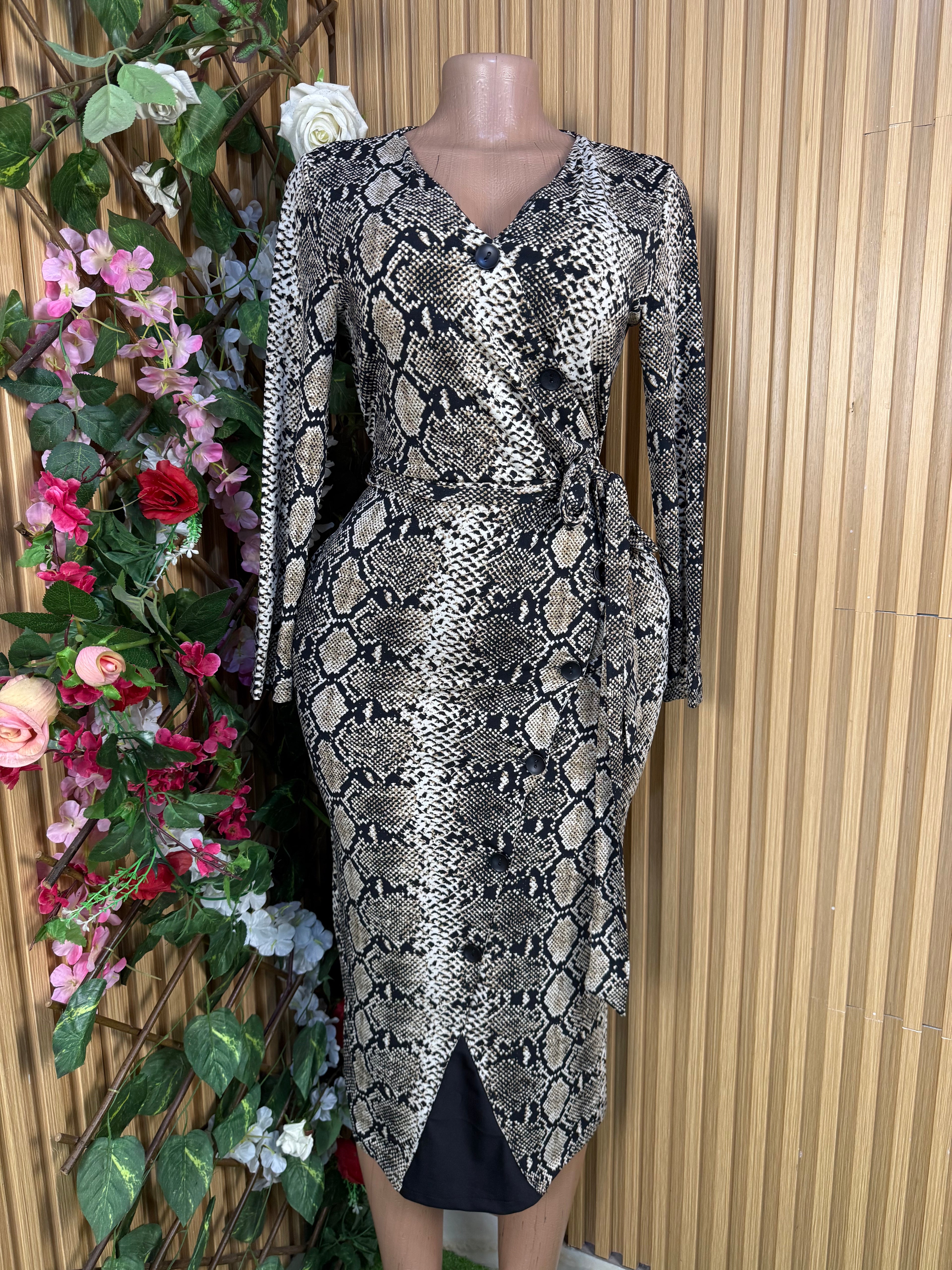 Robe moulante mi-longue manches longues motif python-S