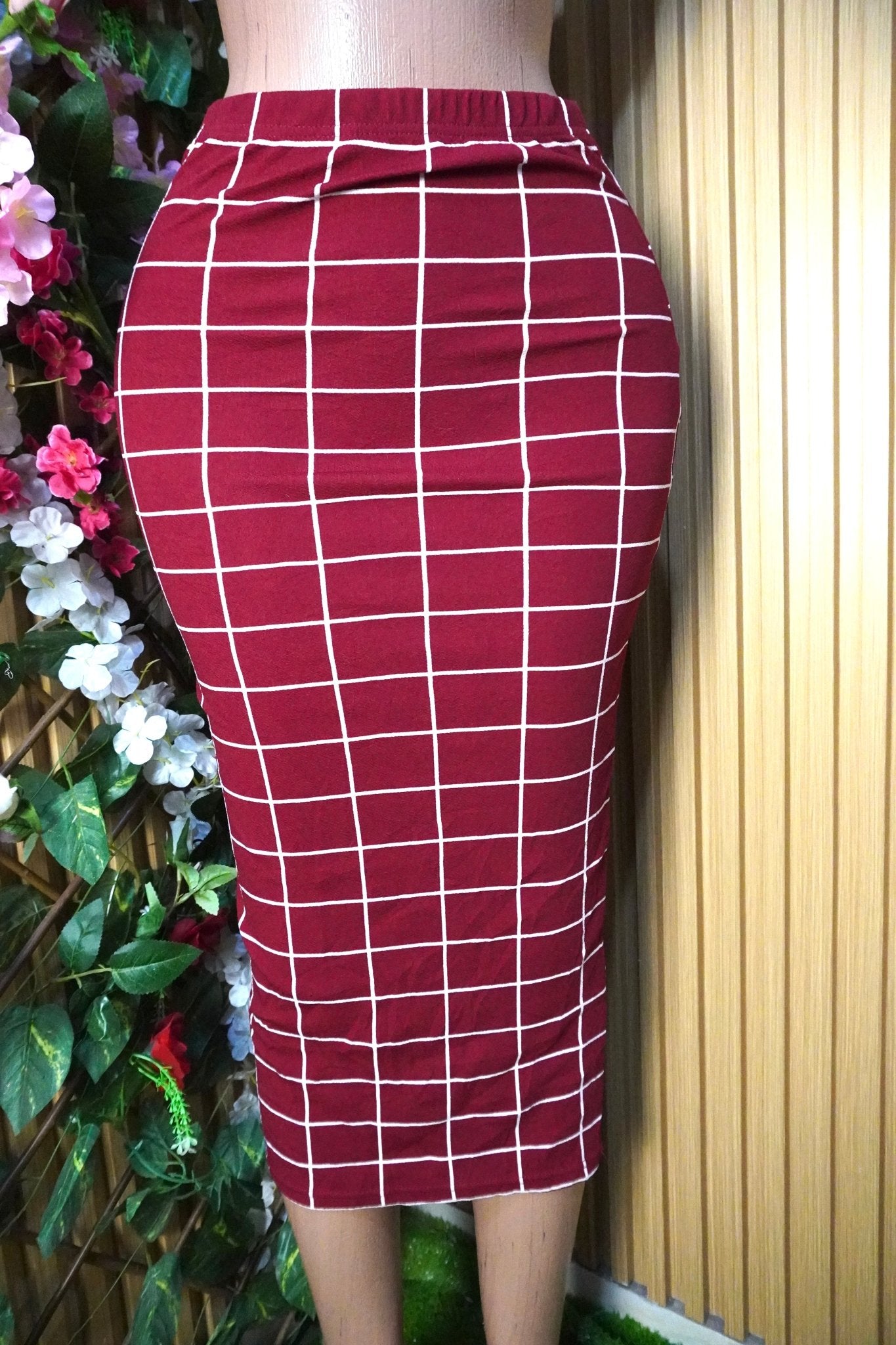 Jupe droite mi-longue motif carreaux-S - Perluna Store