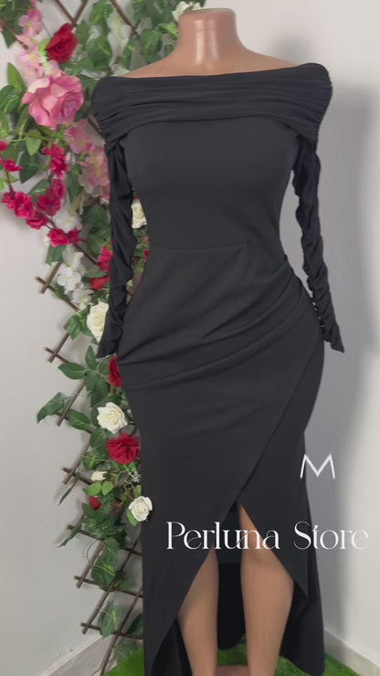 Robe élégante moulante longue manche en voile décolleté bardeau