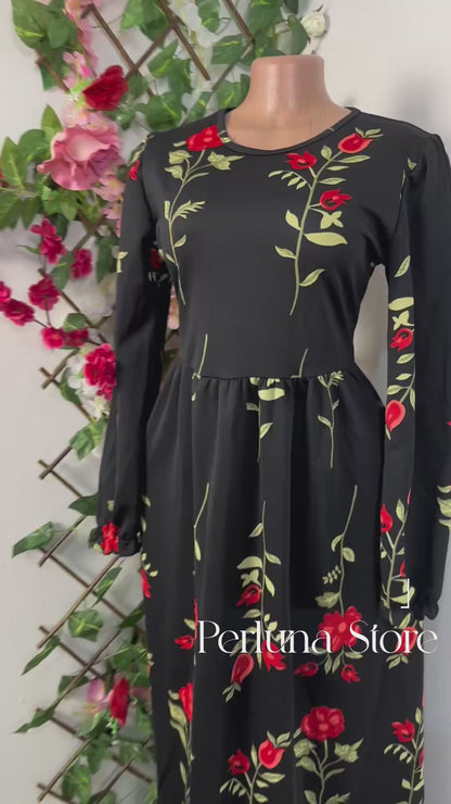 Robe longue élégante à manche longue fleuri