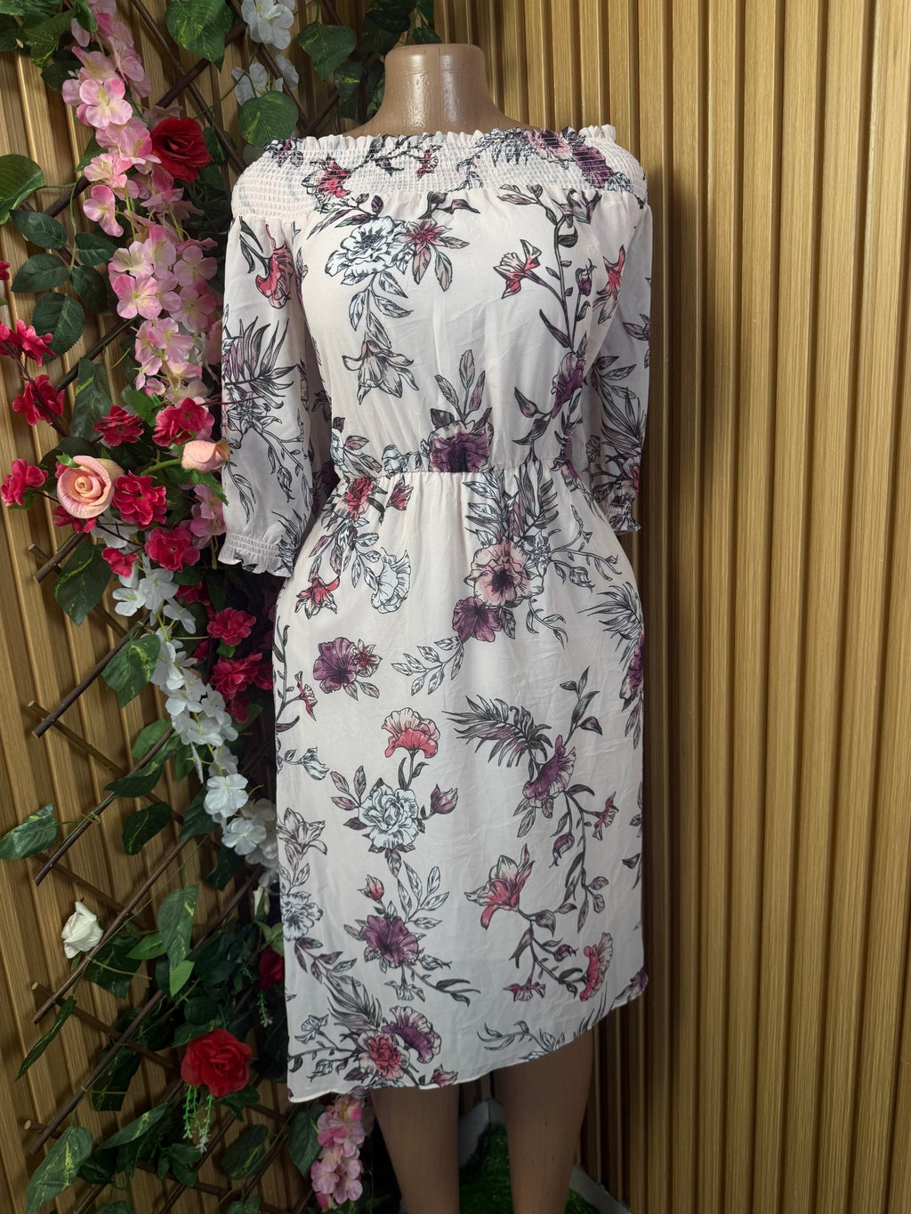 Robe droite manches 3/4 imprimée fleurie - Perluna Store