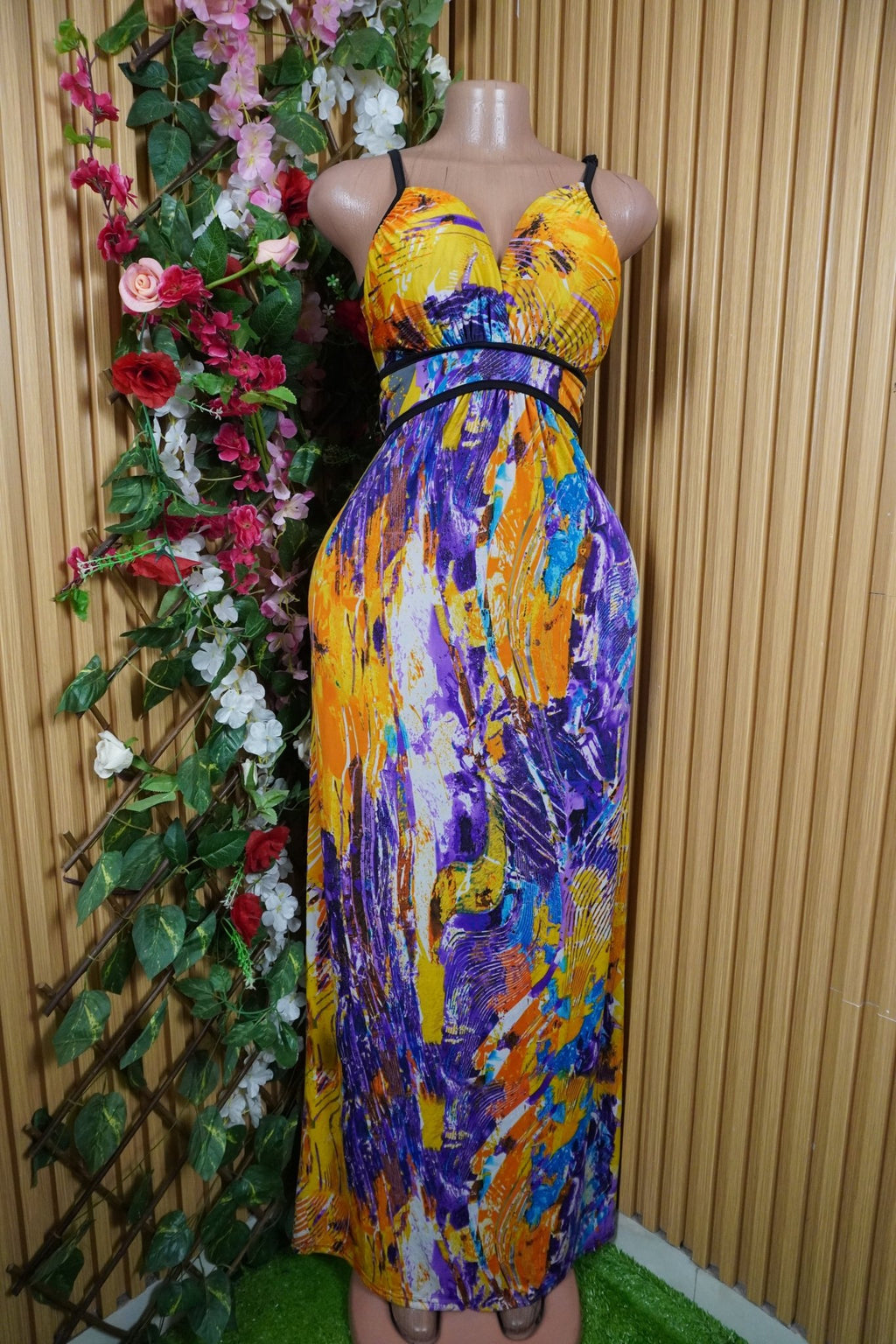 Robe évasée longue à fines bretelles imprimée fleurie-M - Perluna Store