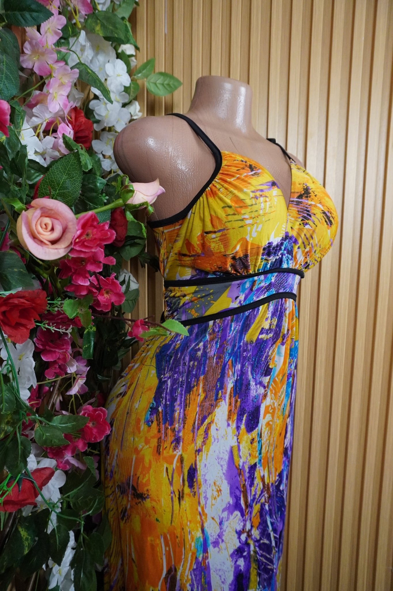 Robe évasée longue à fines bretelles imprimée fleurie-M - Perluna Store