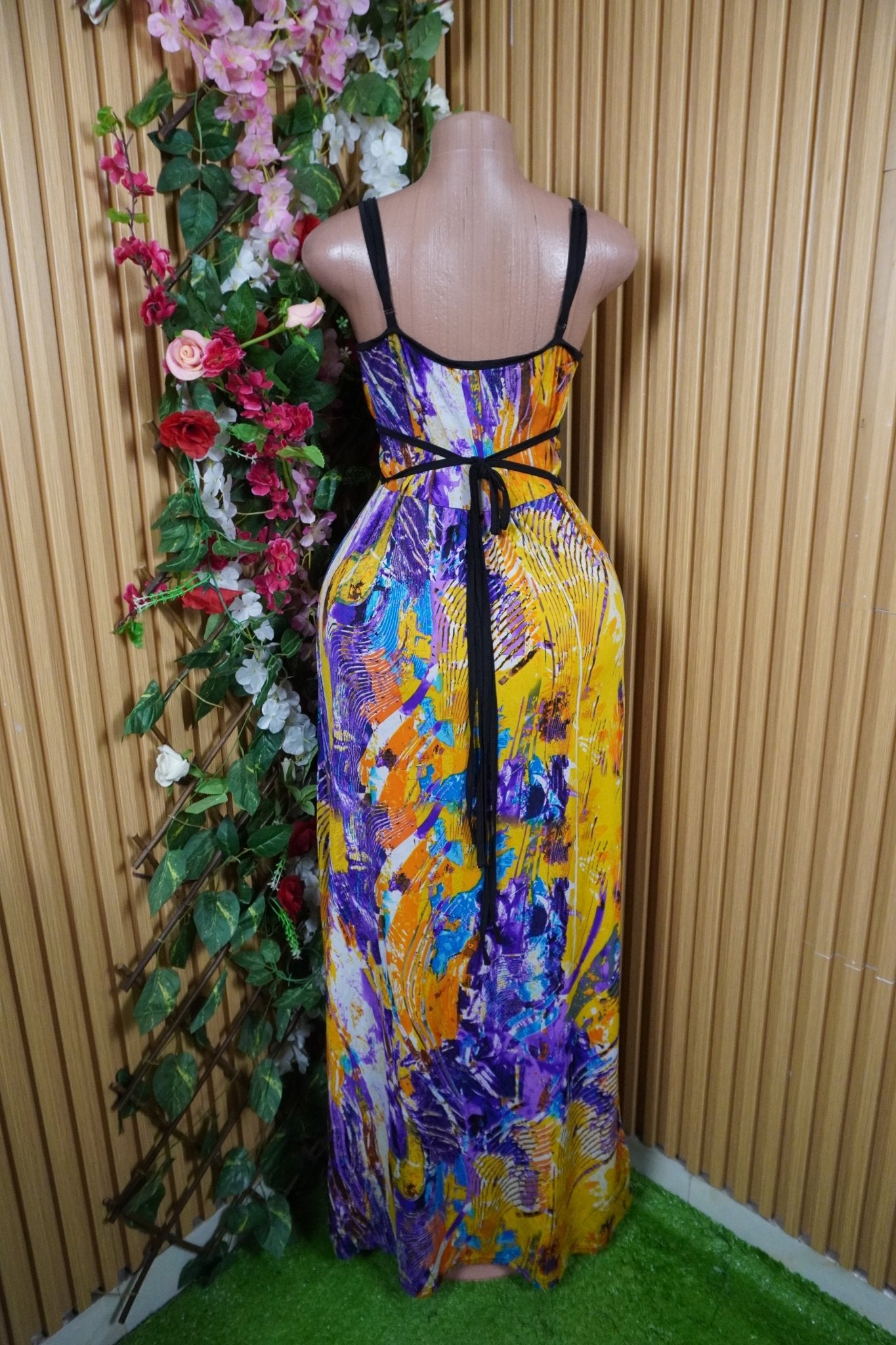 Robe évasée longue à fines bretelles imprimée fleurie-M - Perluna Store