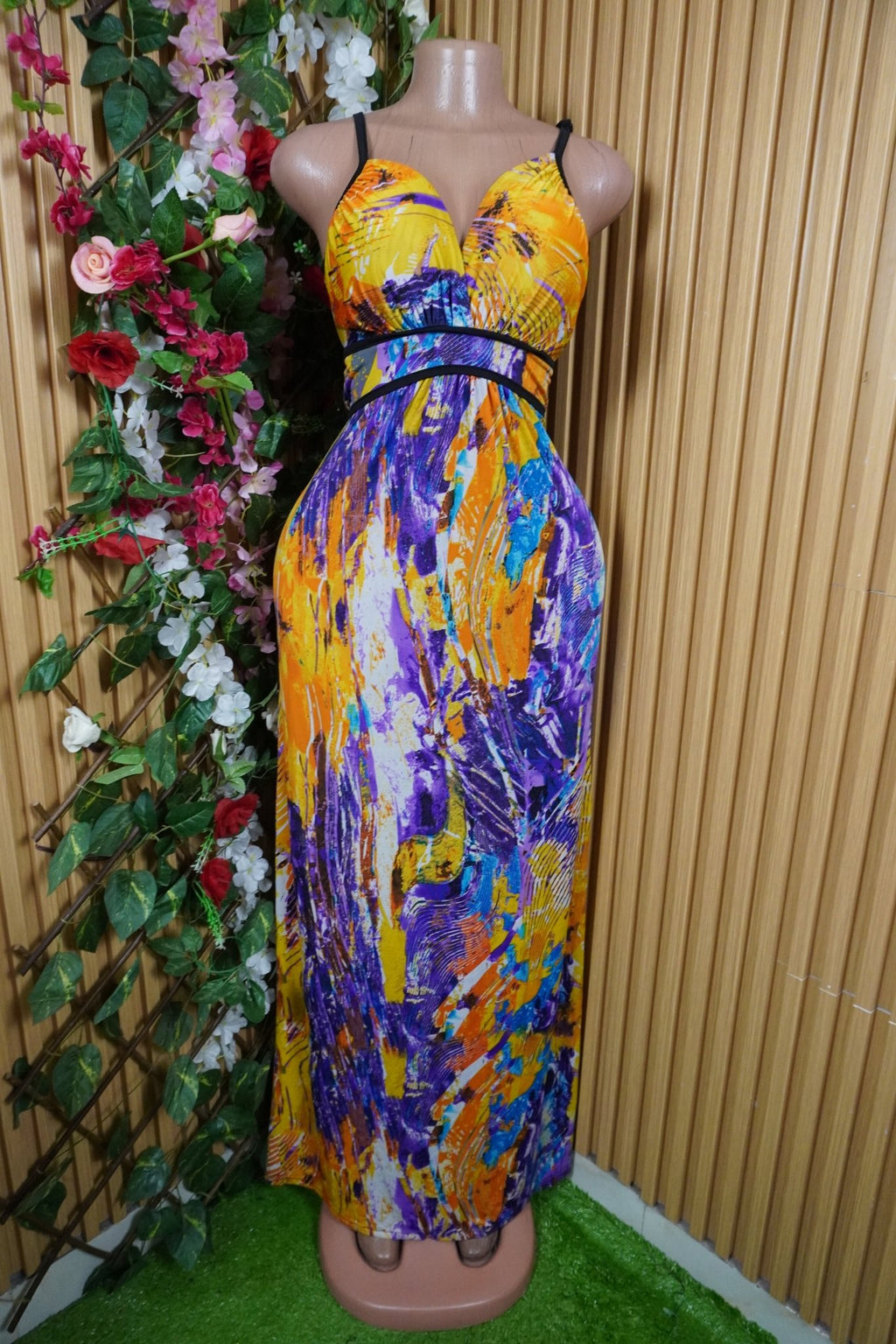 Robe évasée longue à fines bretelles imprimée fleurie-M - Perluna Store