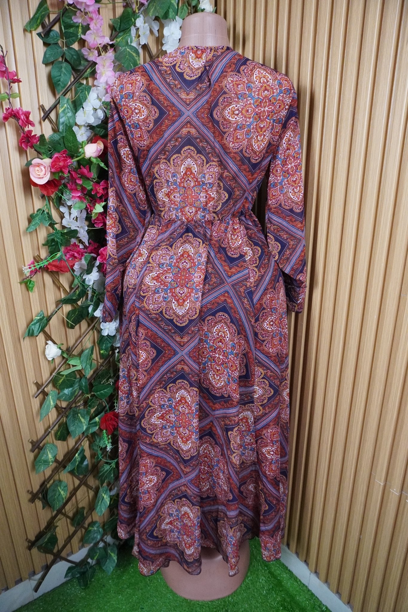 Robe évasée longue manches longues imprimée fleurie col-V-S - Perluna Store