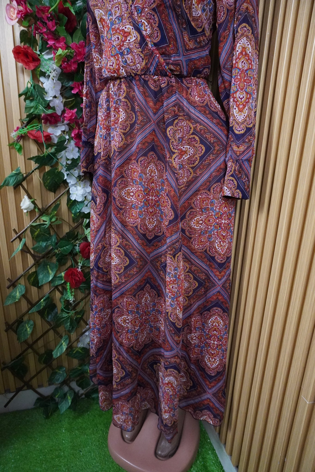 Robe évasée longue manches longues imprimée fleurie col-V-S - Perluna Store