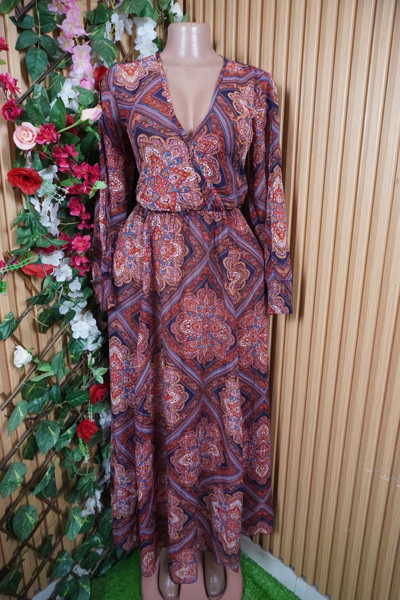 Robe évasée longue manches longues imprimée fleurie col-V-S - Perluna Store