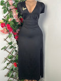 Robe moulante longue manches courtes col V - Perluna Store - kinshasa