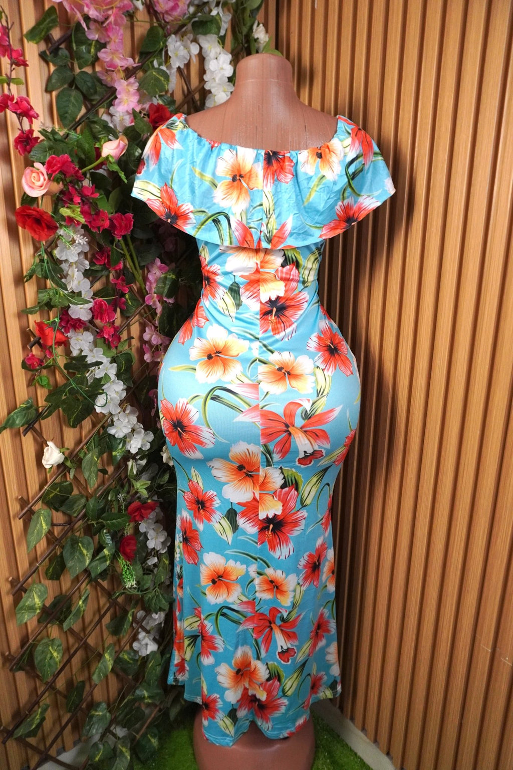 Robe moulante longue manches courtes imprimée fleurie-S - Perluna Store