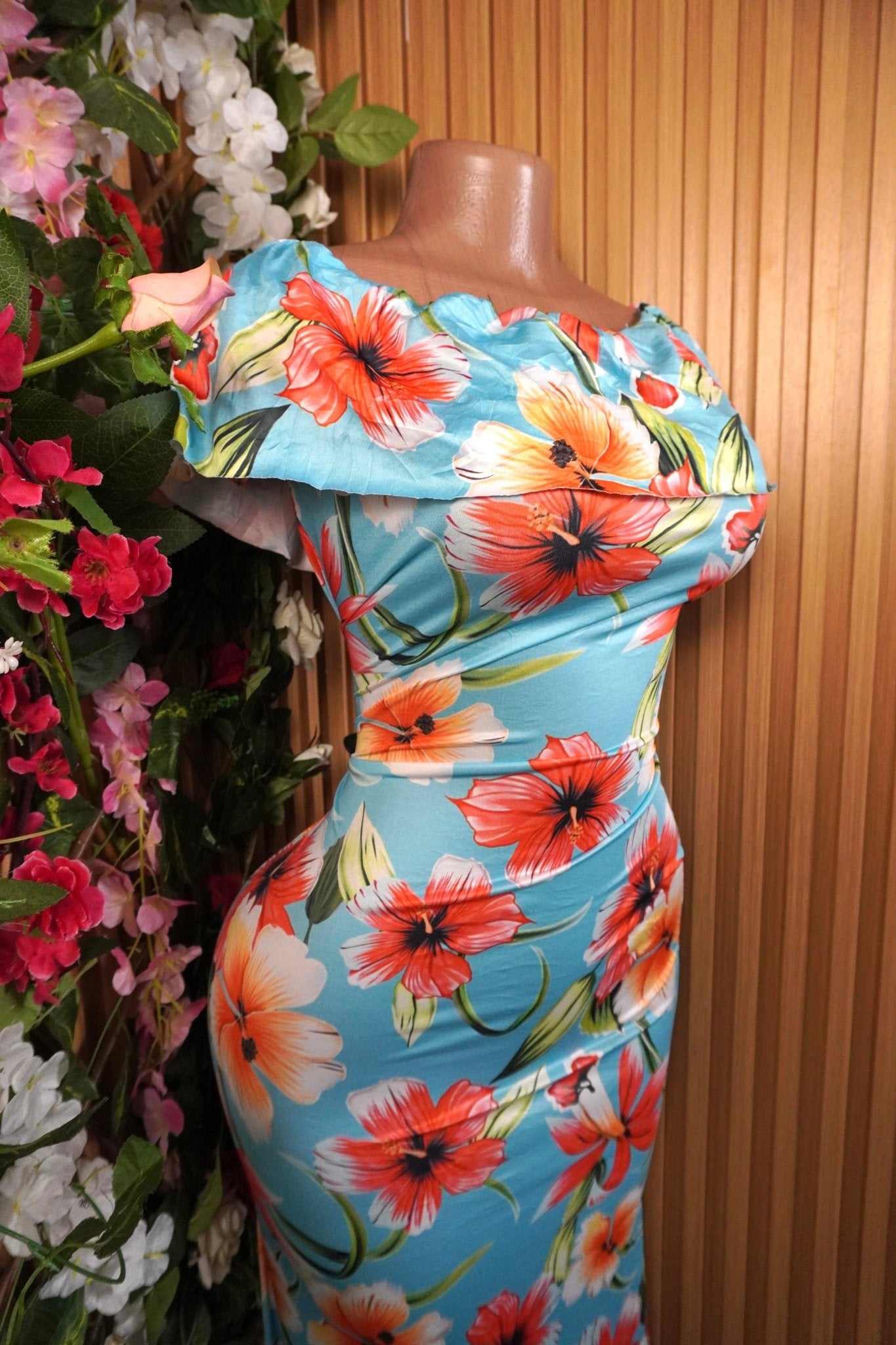 Robe moulante longue manches courtes imprimée fleurie-S - Perluna Store