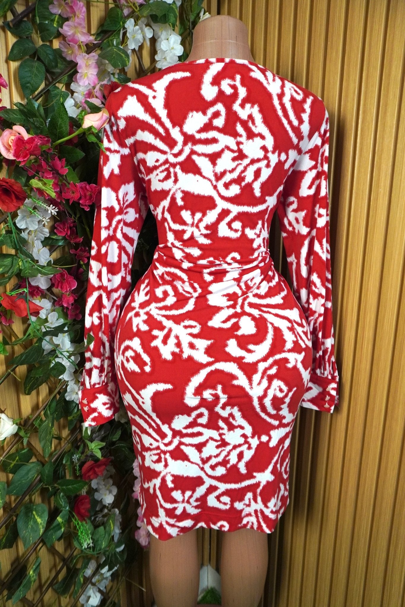 Robe moulante longue manches imprimée fleurie-M - Perluna Store