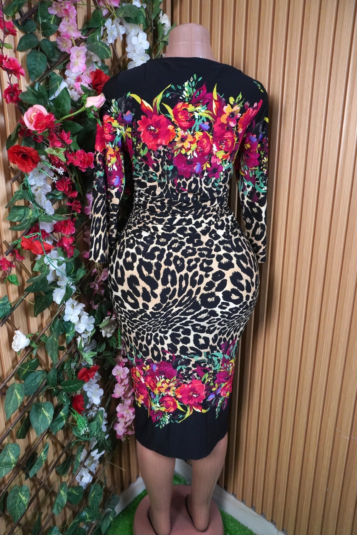 Robe moulante manches longue imprimzée fleurie-S - Perluna Store