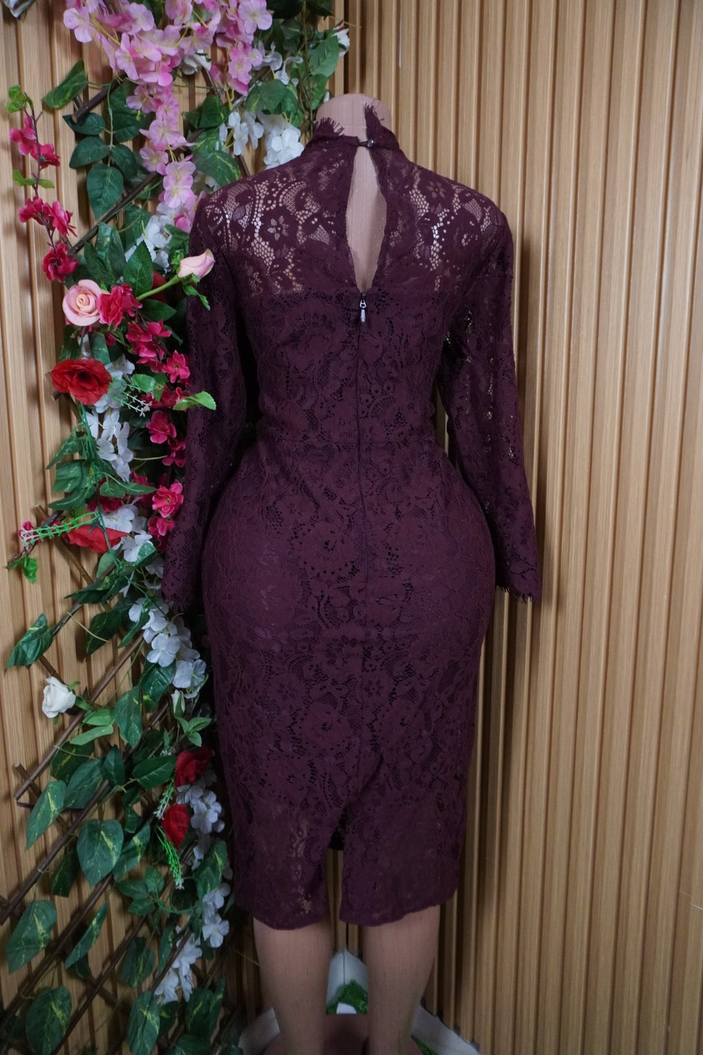 Robe moulante mi-longue manches longues fleurie dénudée-S - Perluna Store