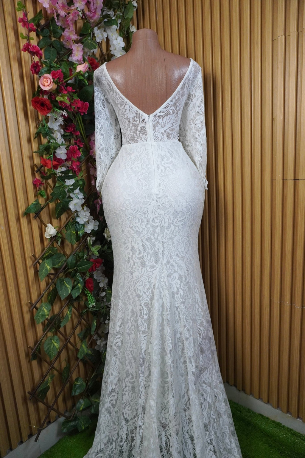Robe soirée longue manches longues avec traine-L - Perluna Store